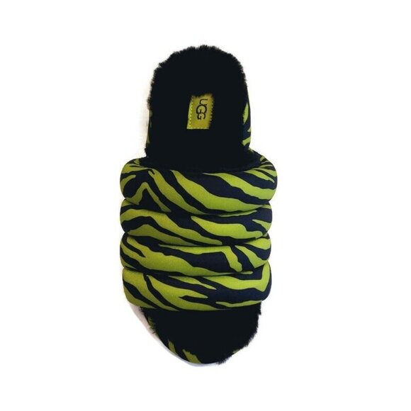 UGG Womens 6 Maxi Slide Tiger Print Sheepskin Platform Slippers Key Lime Green - Picture 2 of 8